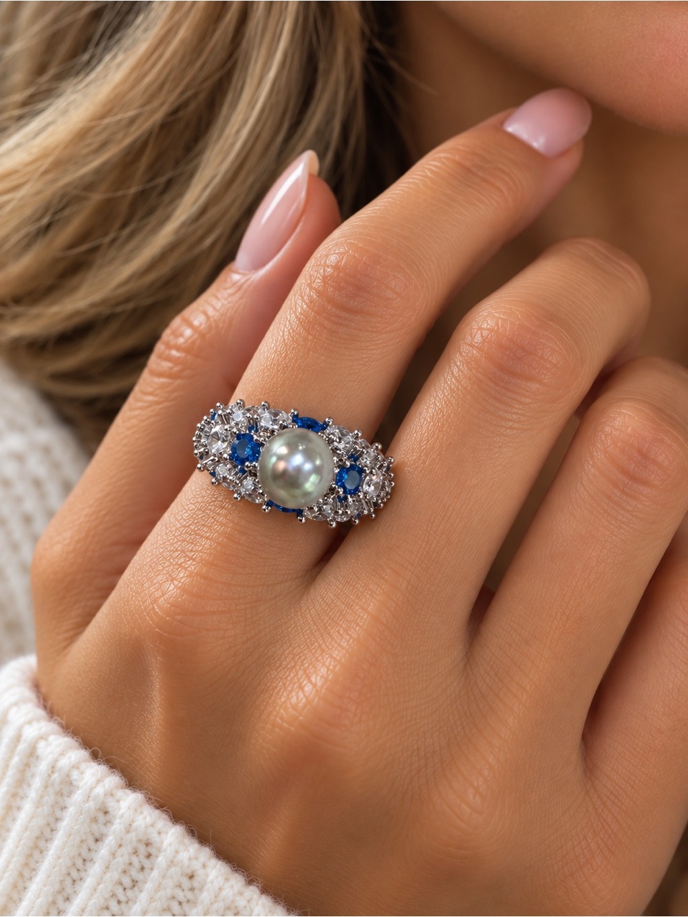 Saltwater Japanese Akoya Pearl 18k Platted W CZ & Sapphire Crystal Ring